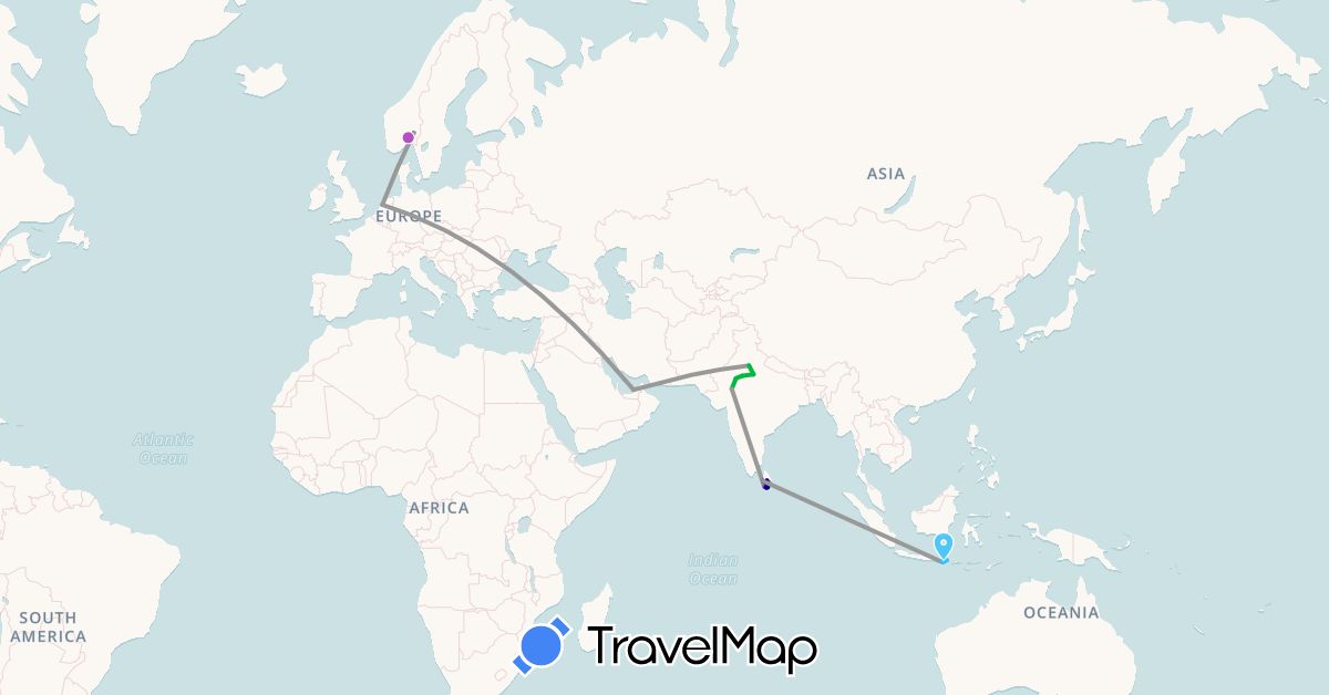 TravelMap itinerary: driving, bus, plane, train, boat in United Arab Emirates, Indonesia, India, Sri Lanka, Netherlands, Norway (Asia, Europe)
